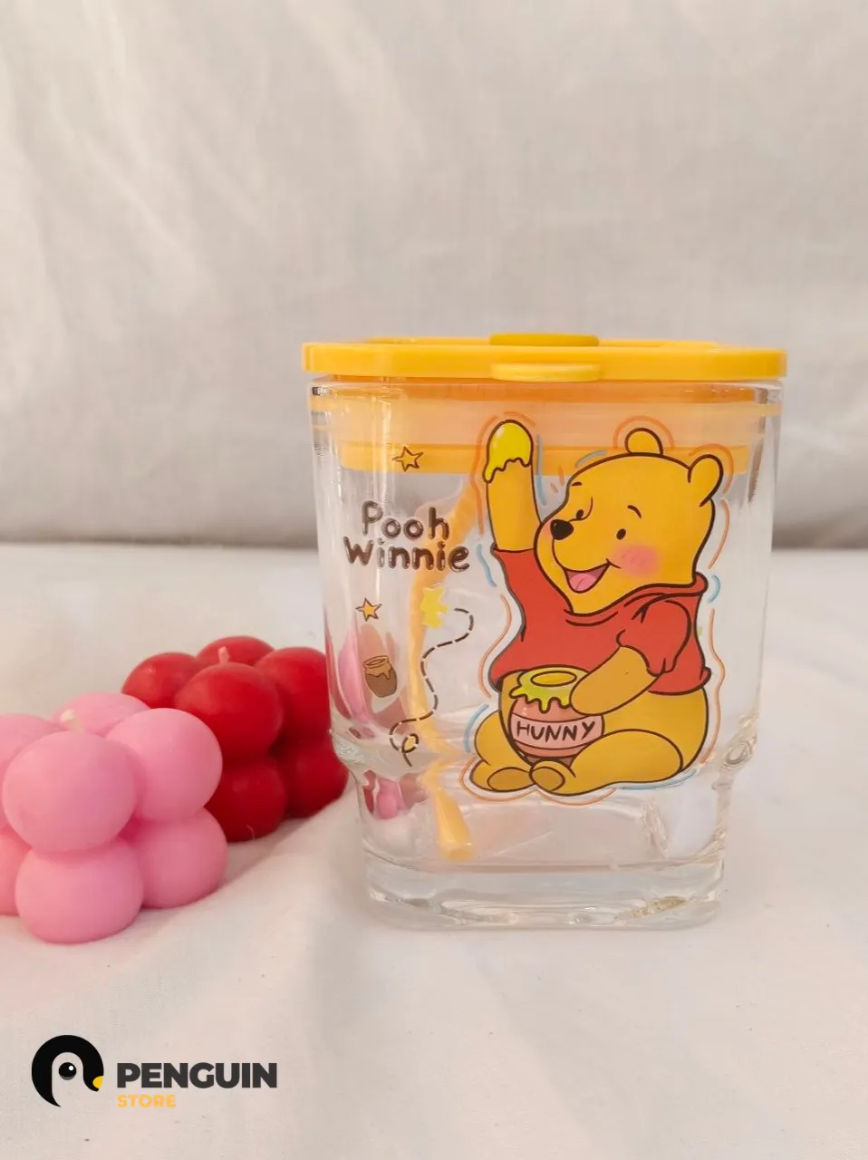 آيس كب (Ice Cup) "ويني الدبدوب" الزجاجي - كوب مشروبات باردة بغطاء وشاليمو 🐻